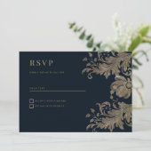 Marineblauw goud kant bloemenluxe RSVP Kaart (Staand voorkant)