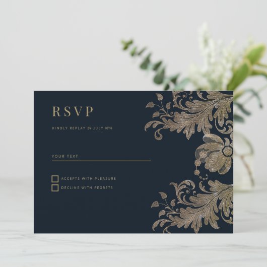 Marineblauw goud kant bloemenluxe RSVP Kaart (Staand voorkant)
