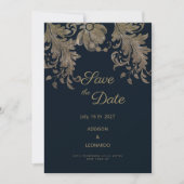 Marineblauw goud kant bloemenluxe Save the Date Kaart (Voorkant)