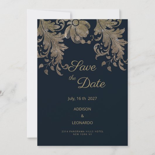 Marineblauw goud kant bloemenluxe Save the Date Kaart (Voorkant)