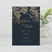 Marineblauw goud kant bloemenluxe Save the Date Kaart (Staand voorkant)