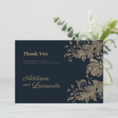 Marineblauw goud kanten bloemenluxe Dank U Kaart (Staand voorkant)