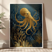 Marineblauw & Goud Kintsugi Octopus Onderwater Poster
