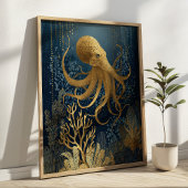 Marineblauw & Goud Kintsugi Octopus Onderwater Poster