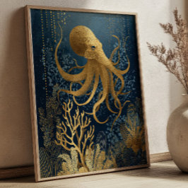Marineblauw & Goud Kintsugi Octopus Onderwater Poster