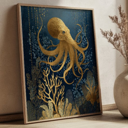 Marineblauw & Goud Kintsugi Octopus Onderwater Poster