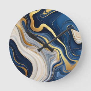 Marineblauw Goud Marmer Krullen Ronde Klok