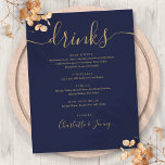 Marineblauw Goud Modern Script Bruiloft Drinken Me Flyer<br><div class="desc">Deze sierlijke script navy blauw en goud minimalistische drinken menu's zijn perfect voor elke viering. Ontworpen door Thisnotme©</div>