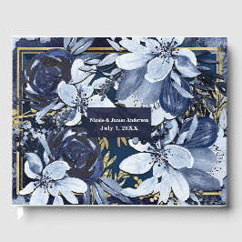 Marineblauw & Goud Modern Watercolor Bloemen Bruil Gastenboek