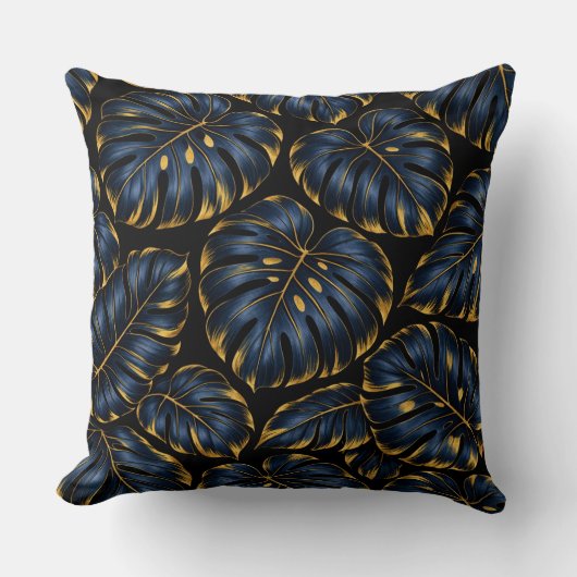 Marineblauw Goud Monstera Luxe Botanisch Kussen (Voorkant)