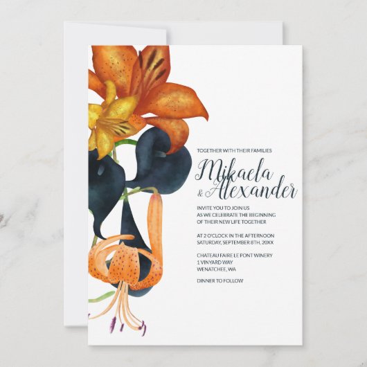 Marineblauw, Goud, Oranje Tijger Lelies Bruiloft Kaart (Voorkant)