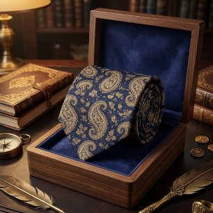 Marineblauw Goud Paisley Klassiek Barok Patroon Stropdas