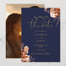 Marineblauw Goud Roestige Bloemen Foto Herfst Brui Save The Date