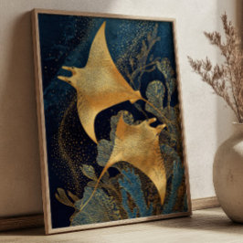 Marineblauw&Goud Roggen Elegante Kintsugi Kunst Poster