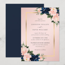 Marineblauw Goud Roze Bloemige Bruiloft