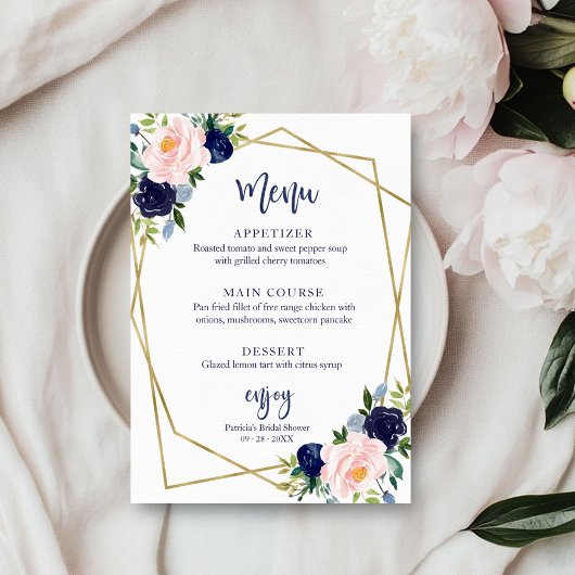 Marineblauw Goud Waterverf Bruidsdouche Menu Kaart