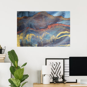 Marineblauw & Goud Waterverf Marmer Modern Abstrac Poster