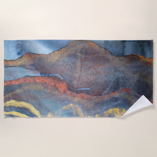 Marineblauw & Goud Waterverf Marmer Modern Abstrac Strandlaken (Voorkant)