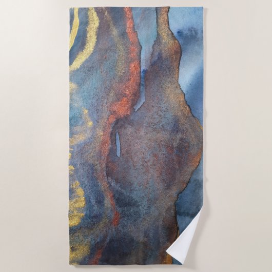 Marineblauw & Goud Waterverf Marmer Modern Abstrac Strandlaken (Voorkant)