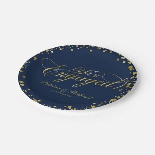 Marineblauw Goud We zijn verloofd Verloving Feest Papieren Bordje (Gekanteld)