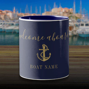 Marineblauw Goud Welkom Aan Boord Naam van het sch Tweekleurige Koffiemok