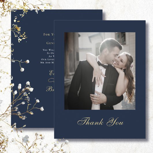 Marineblauw Goud Wit Schrift Bedankt Bruiloft  Kaart