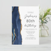 Marineblauw Gouden Agaat Schrift 80ste Verjaardag Kaart (Staand voorkant)