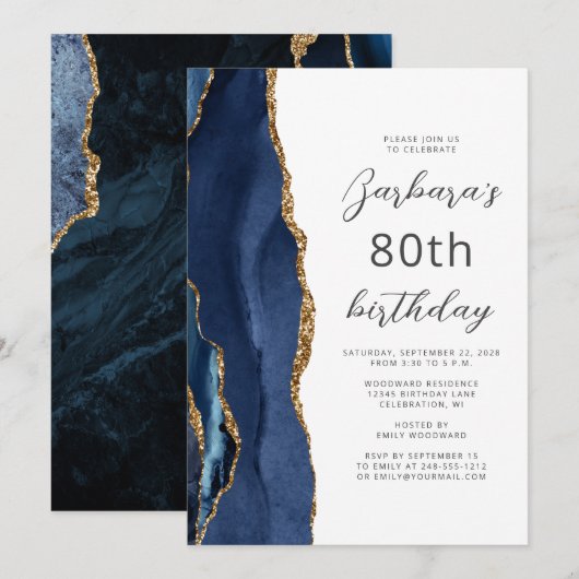 Marineblauw Gouden Agaat Schrift 80ste Verjaardag Kaart (Voorkant / Achterkant)