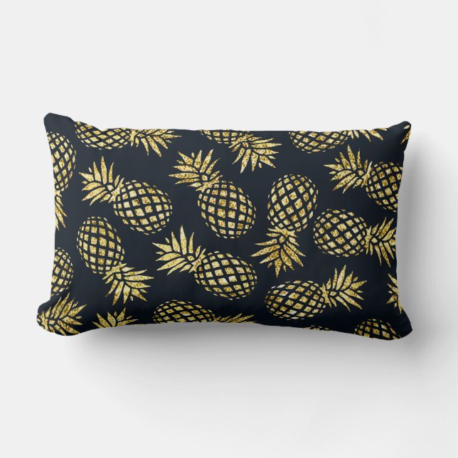 Marineblauw Gouden Ananas Patroon Kussen (Voorkant)