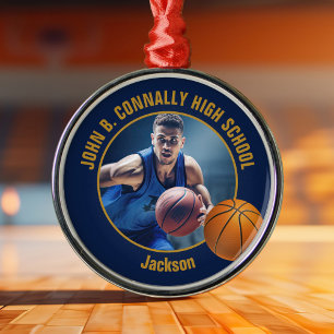 Marineblauw Gouden Basketbalspeler Foto Kerstmis Metalen Ornament