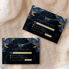Marineblauw Gouden Bloem Agate Script Trouw RSVP Informatiekaartje