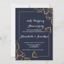 Marineblauw & gouden bloem Huwelijksjubileum Kaart