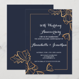 Marineblauw & gouden bloem Huwelijksjubileum Kaart