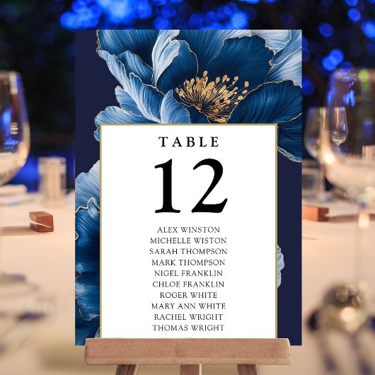 Marineblauw Gouden Bloem Tafelnummer Zitplaatskaar