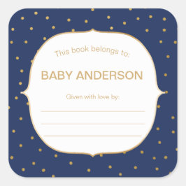 Marineblauw + gouden confetti baby shower boekenpl vierkante sticker