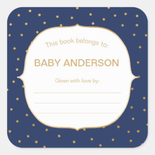 Marineblauw + gouden confetti baby shower boekenpl vierkante sticker