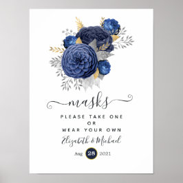 Marineblauw, gouden en zilveren vlinderbloemmasker poster