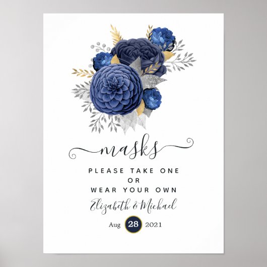 Marineblauw, gouden en zilveren vlinderbloemmasker poster (Voorkant)