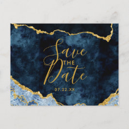 Marineblauw Gouden Folie Agaten Marmer Save the Da Aankondigingskaart