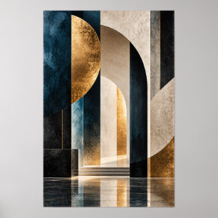 Marineblauw Gouden Geometrische Architecturale Abs Poster