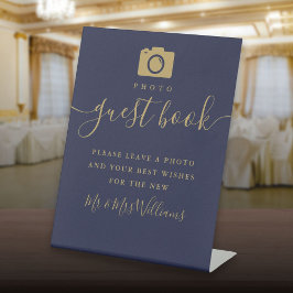 Marineblauw Gouden Handtekening Script Foto-gasten Reclamebord Met Voetstuk