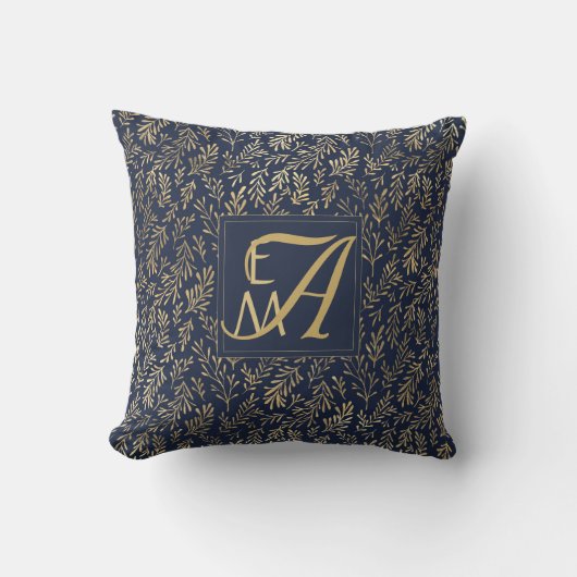 Marineblauw Gouden Huwelijk Monogram Decoratie Kussen (Voorkant)