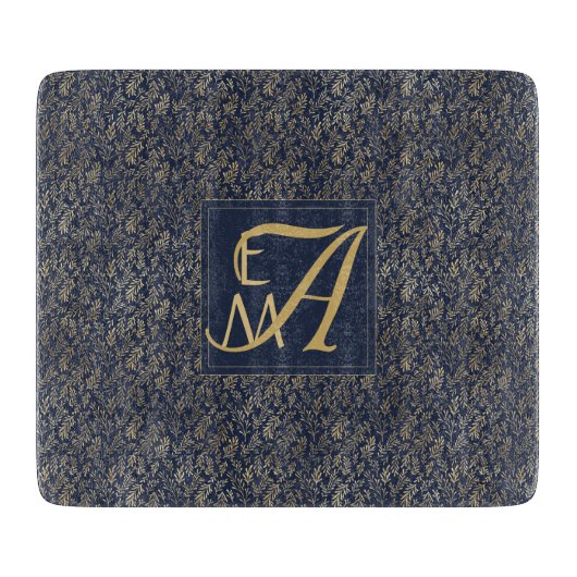 Marineblauw Gouden Huwelijk Monogram Decoratie Snijplank (Voorkant)