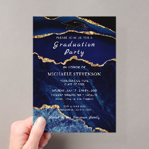 Marineblauw Gouden Marmeren Afstudeeruitnodiging Acryl Uitnodigingen