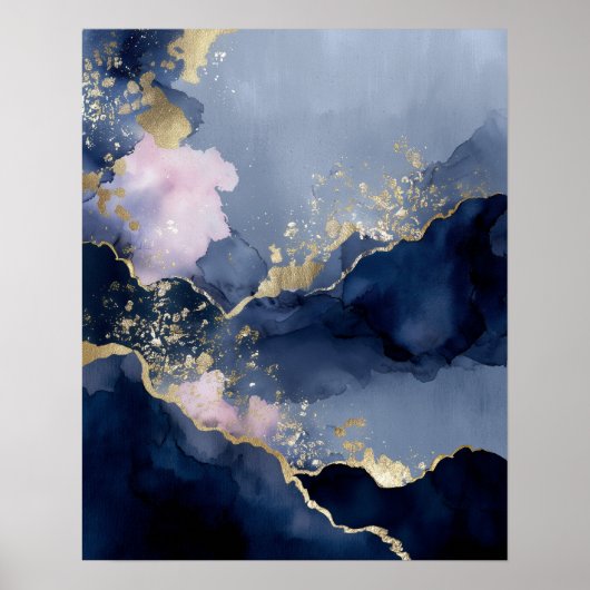 Marineblauw Gouden Moderne Abstracte Wandkunst Poster (Voorkant)