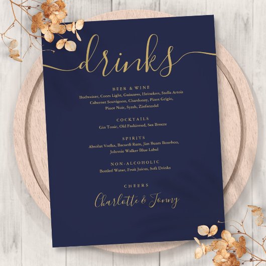 Marineblauw Gouden Moderne Script Bruiloft Dranken Flyer