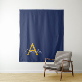 Marineblauw Gouden Moderne Script Vrouwelijk Monog Wandkleed