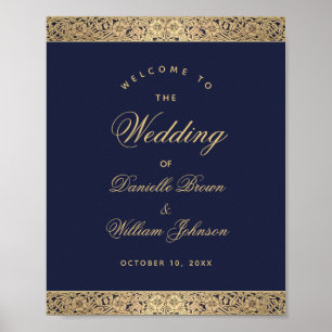 Marineblauw Gouden Rozen Elegant Trouw Welkom Bord Poster