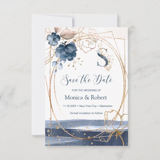 Marineblauw & gouden rozen Save the Date (Voorkant)