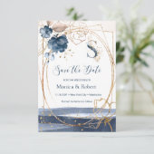 Marineblauw & gouden rozen Save the Date (Staand voorkant)